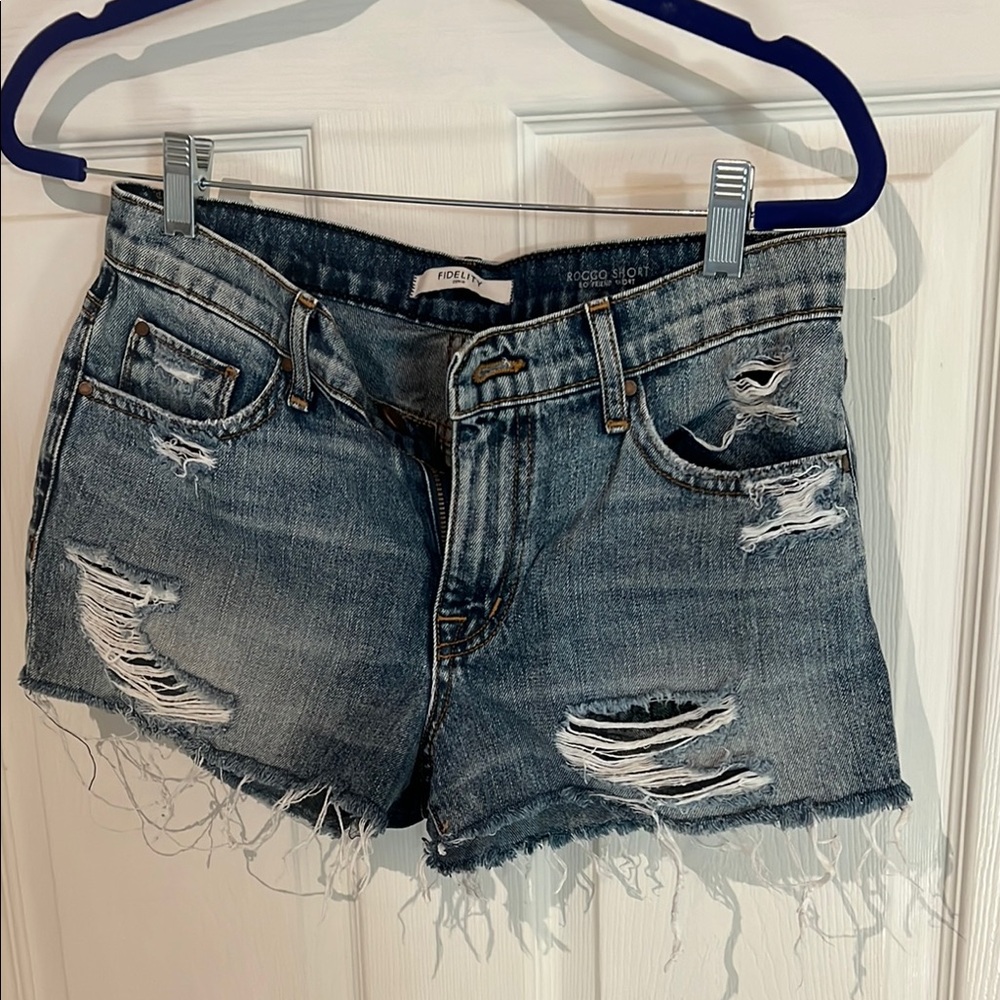 Blue Jean Shorts with Distressed Rips and Frayed Hem